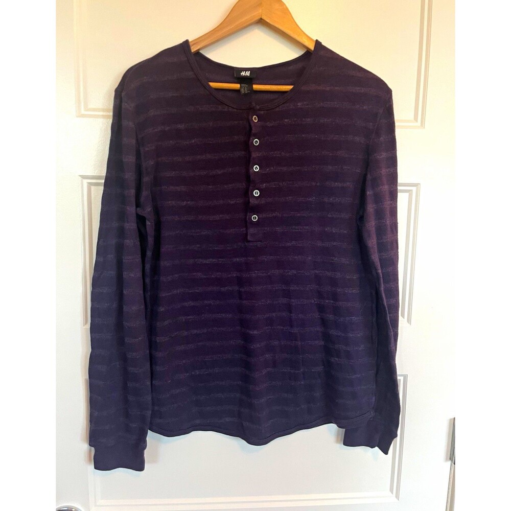 H&M Purple Gray Striped Knit Henley Button Long Sleeve Pullover Shirt Men's XL